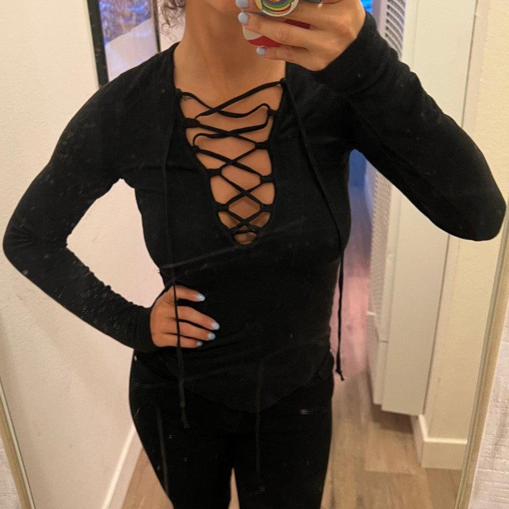 Free People sexy lace up black long sleeve witchy top XS